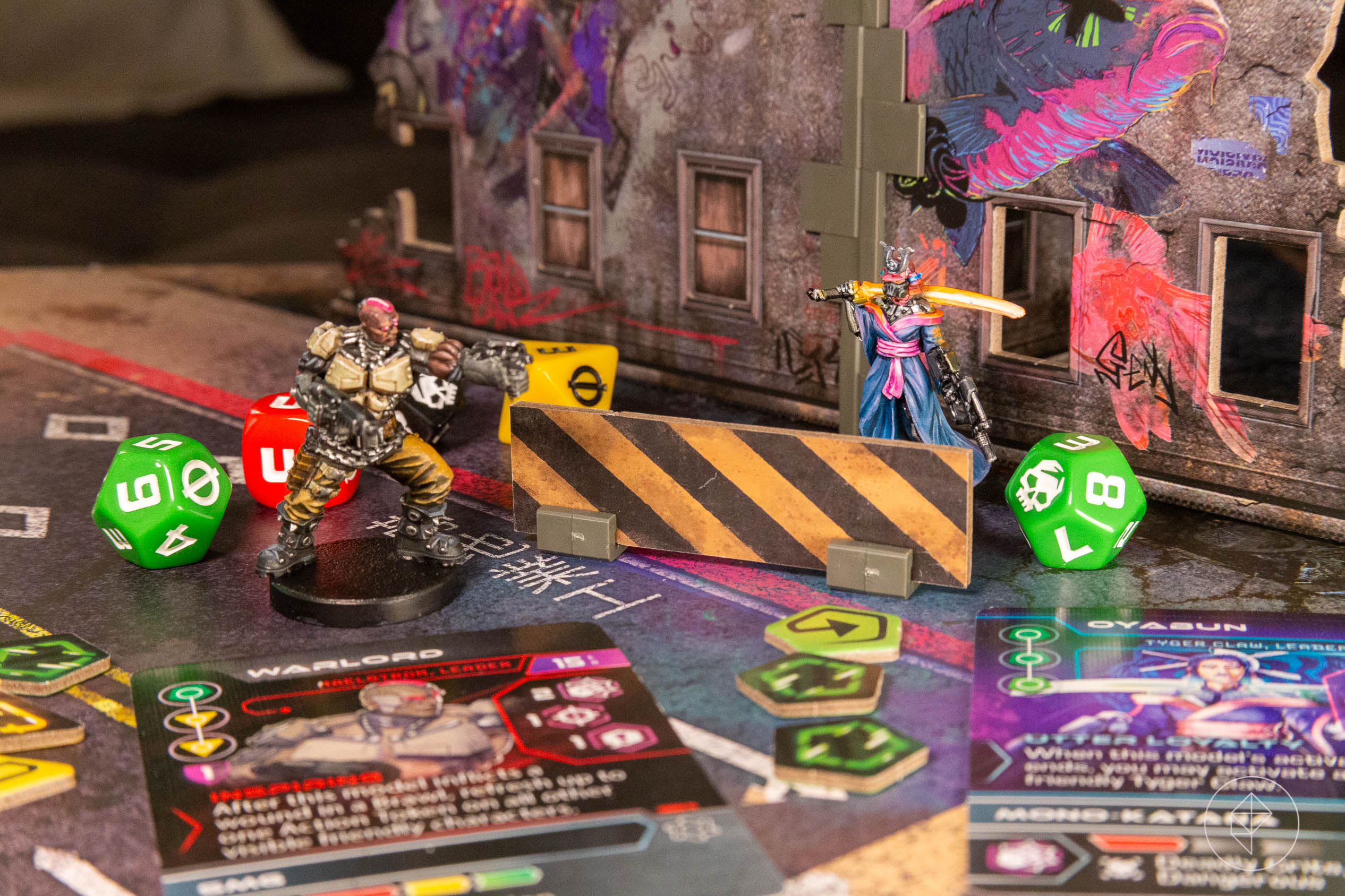 A Tiger Claw and a Maelstrom leader face off over neon-lit terrain in Cyberpunk Red: Combat Zone.