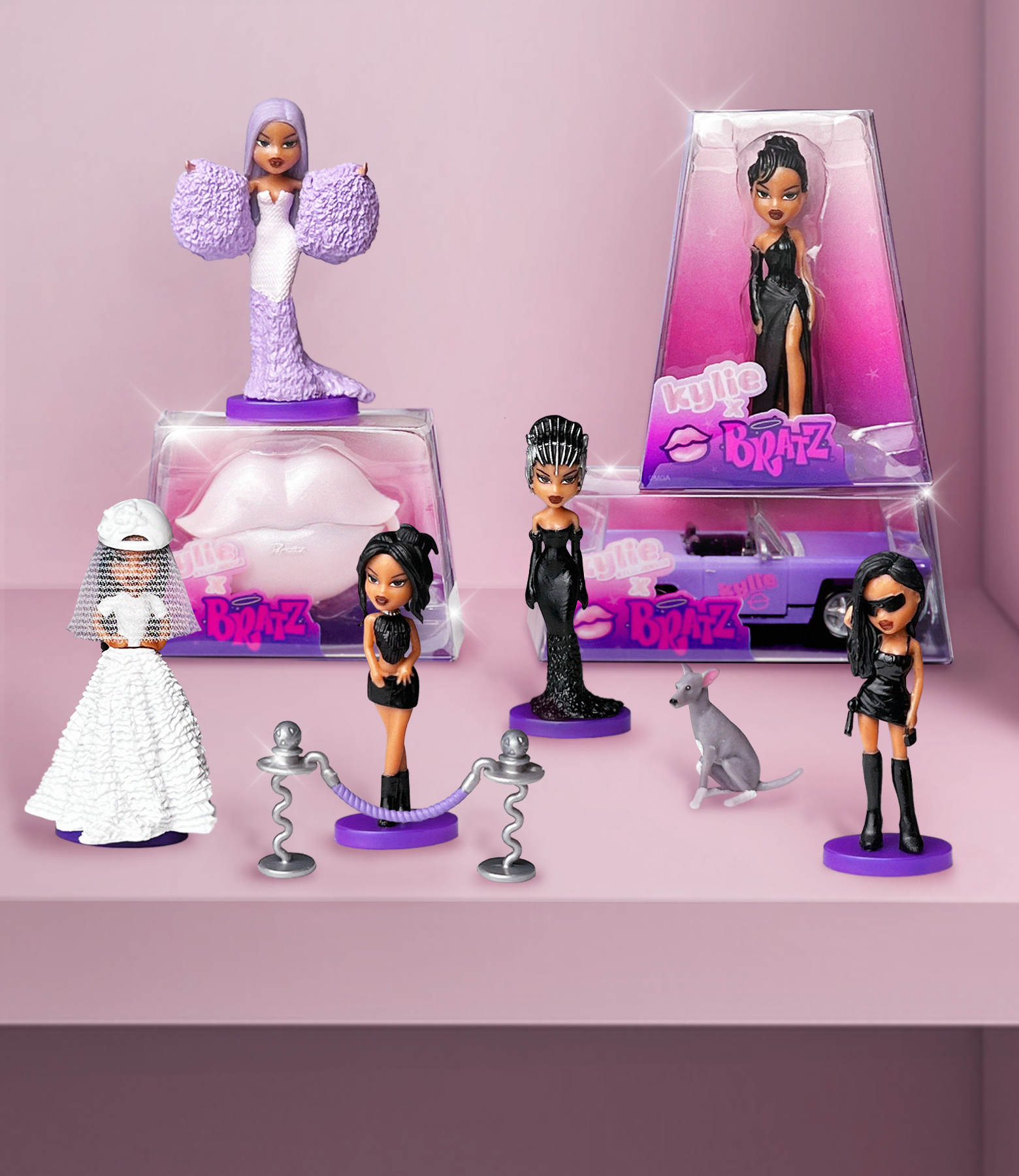 A photo of the Mini Bratz x Kylie Collectibles line. The photo shows six different variation of the Kyle doll, each in different outfits.